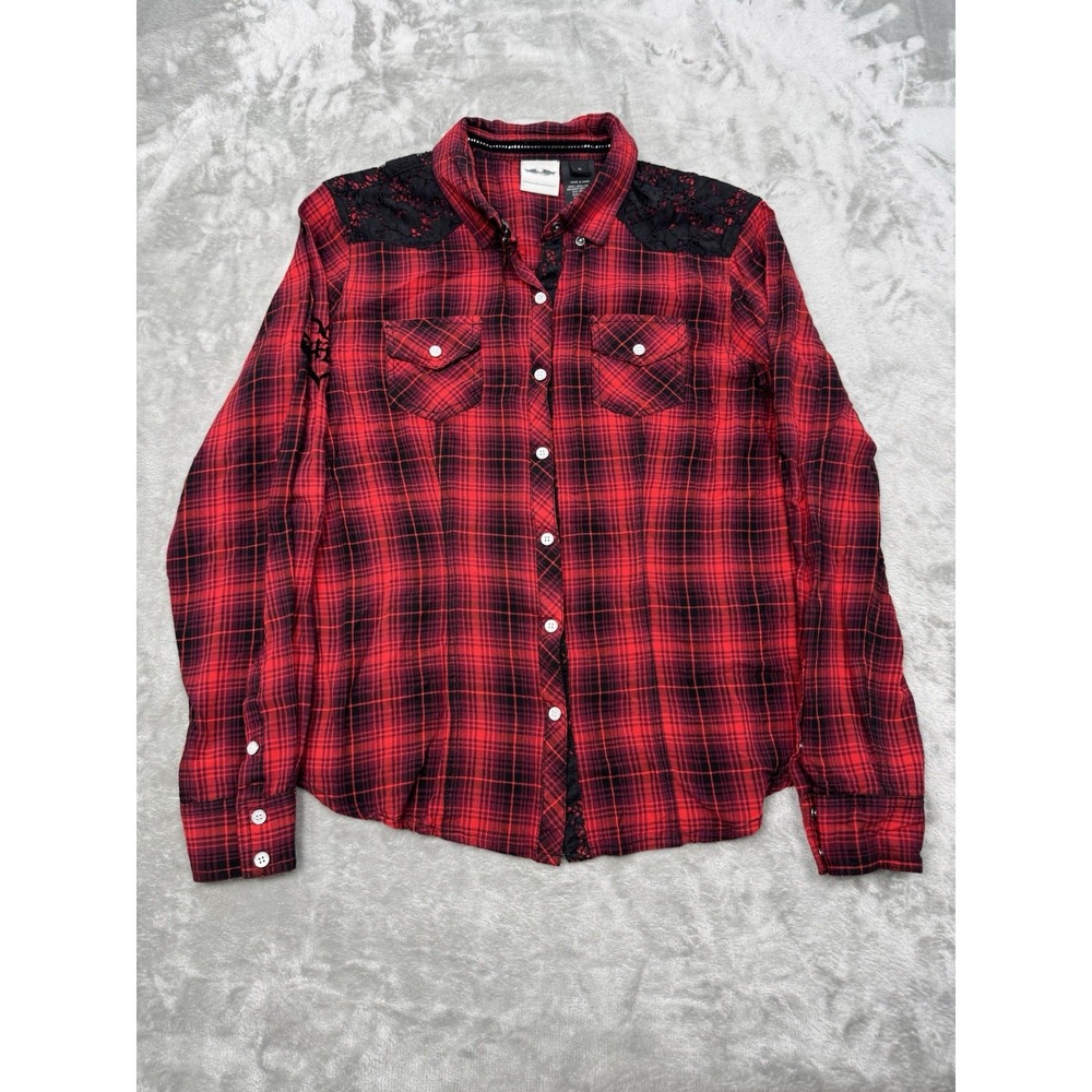 Harley Davidson Shirt Womens Large Red Long Sleeve Flannel Black Lace Moto Biker